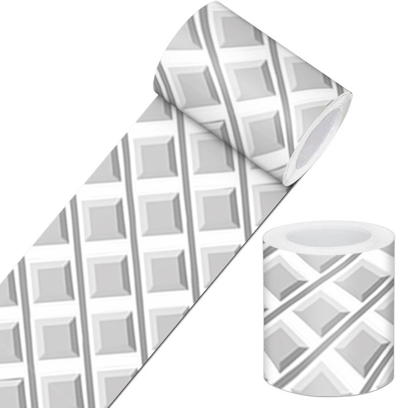 IVN Wallpaper Border Gray White 3D Slanted Diamond Pattern Design 4x196 Inch Peel and Stick Wallpaper Border for Mirror Frame Bathroom Laundry Room Pool Area Living Room Wall Decor - Image 1